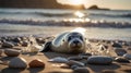A Curious Seal Pup Peeks Through the Waves on a Sandy Pebble Beach Royalty Free Stock Photo