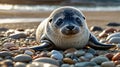 Adorable Seal Pup Resting on Pebbles at Sunset Beach Royalty Free Stock Photo