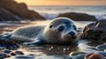 Cute Harbor Seal Pup Relaxing on the Sandy Shoreline at Sunset Royalty Free Stock Photo