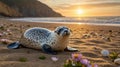 Seal Pup Lounging on a Sunny Beach with Wildflowers at Sunset Royalty Free Stock Photo