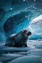 Leopard Seal in Ice Cave During Snowfall Royalty Free Stock Photo