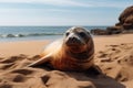 A seal rests lying on a sunny beach