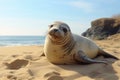 A seal rests lying on a sunny beach