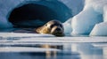 Spotted Seal Emerging from Ice Cave in Arctic Waters Royalty Free Stock Photo