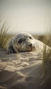 Seal in a sand dune by the coast of Denmark surrounded by lyme grass. AI generated Royalty Free Stock Photo