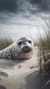 Seal in a sand dune by the coast of Denmark surrounded by lyme grass. AI generated Royalty Free Stock Photo