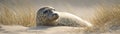 Seal in a sand dune by the coast of Denmark surrounded by lyme grass. AI generated Royalty Free Stock Photo