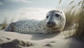 Seal in a sand dune by the coast of Denmark surrounded by lyme grass. AI generated Royalty Free Stock Photo