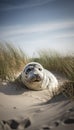 Seal in a sand dune by the coast of Denmark surrounded by lyme grass. AI generated Royalty Free Stock Photo