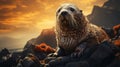 A seal sitting on a rock. Generative AI.