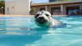 A seal swims in a pool of clean water, an animal of the seal family in captivity on rehabilitation in the reserve. Royalty Free Stock Photo