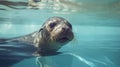 A seal swims in a pool of clean water, an animal of the seal family in captivity on rehabilitation in the reserve. Royalty Free Stock Photo