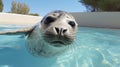 A seal swims in a pool of clean water, an animal of the seal family in captivity on rehabilitation in the reserve. Royalty Free Stock Photo