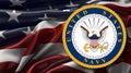 Seal of the United States Navy against the background of the US flag Royalty Free Stock Photo