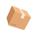 Sealed brown parcel box or cardboard box and there is caution crack and caution wet icon on side of box