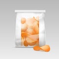 Sealed Transparent Plastic Bag with Potato Chips on White Background