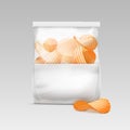 Sealed Transparent Plastic Bag with Potato Chips on White Background