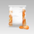 Sealed Transparent Plastic Bag with Potato Chips on White Background