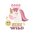 Stay wild. Cartoon unicorn, peace sign, hand drawing lettering, dÃÂ©cor elements. colorful vector illustration, retro style. Royalty Free Stock Photo