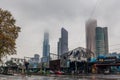 SeaLife aquarium and skyscrapers on rainy day