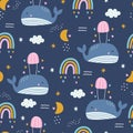 Sealife background seamless pattern blue whale for kids Hand drawn design in cartoon style