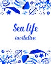 Sealife watercolor hand drawn stylized invitation with decorative top and bottom