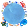 Sealife children watercolor hand drawn stylized isolated blue textured round frame with mermaid, whale, octopus, shells and fishes Royalty Free Stock Photo