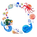 Sealife children watercolor hand drawn stylized isolated round frame with mermaid, whale, octopus, shells and fishes Royalty Free Stock Photo