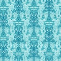 Sealife Damask Seahorse Pattern. Seamless Vector Ocean Background. Hand Drawn Seaweed Algae Nature All Over Print. For