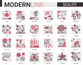 Sealife flat line mini concept symbols. Red black infographic design east restaurant sea life modern icons set Royalty Free Stock Photo