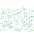 Sealife line art style horizontal border. Royalty Free Stock Photo