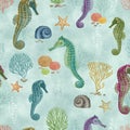 Sealife seamless watercolor pattern Seahorse corals shells seaweed repeated background Cute sea animals allover illustration