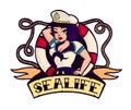 Sealife! Pin-up Sailor Girl With Lifebuoy Cartoon Vector
