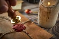 Sealing wax on ancient papers, antique stamp, and old documents