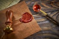 Sealing wax on ancient papers, antique stamp, and old documents