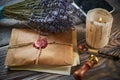 Sealing wax on ancient papers, antique stamp, and old documents