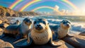 Adorable Harbor Seals Relaxing on Rocky Beach with Double Rainbow Royalty Free Stock Photo