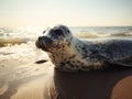 Seals on the beach at sunrise. Made with Generative AI