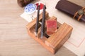 Seals fixed on the bed, two carving knives and other related items.Ancient Chinese characters on the seal mean `receive instructio Royalty Free Stock Photo