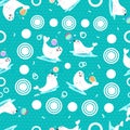 Seals playing with balls water splash, seamless pattern cartoon