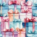 seam pattern with blue and pink gift boxes tied with ribbon. Royalty Free Stock Photo
