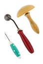 Seam ripper, tracing wheel, darning mushroom Royalty Free Stock Photo