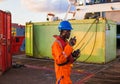 Seaman AB or Bosun on deck of offshore vessel or ship , wearing PPE Royalty Free Stock Photo