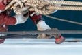 Seaman ship crew working aloft at height derusting and getting vessel ready for painting Royalty Free Stock Photo