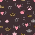 Seamess pattern with doodle crowns and hearts.