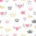 Seamess pattern with doodle crowns and hearts.