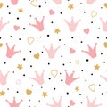 Seamess pattern with doodle pink crowns hearts baby girl wallpaper Little princess design