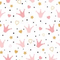 Seamess pattern with doodle pink crowns hearts Vector baby girl wallpaper Little princess design Royalty Free Stock Photo