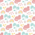 Seamess pattern in Scandinavian style with cat, rainbow, stars and palm.