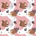 Seamlaee cute animal vector pattern with hedgehogs, squirrels, leaves, plants and graphic elements